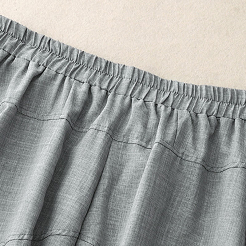 Damskie spodnie z szerokimi nogawkami z bawełny i lnu z kieszeniami, gładkie, jasnostalowo-niebieskie, z Buddha Stones - image 2