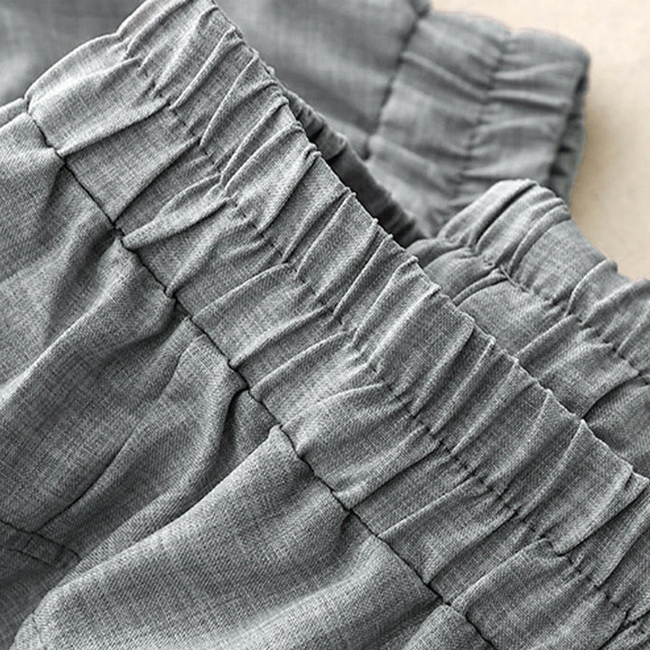 Damskie spodnie z szerokimi nogawkami z bawełny i lnu z kieszeniami, gładkie, jasnostalowo-niebieskie, z Buddha Stones - image 3