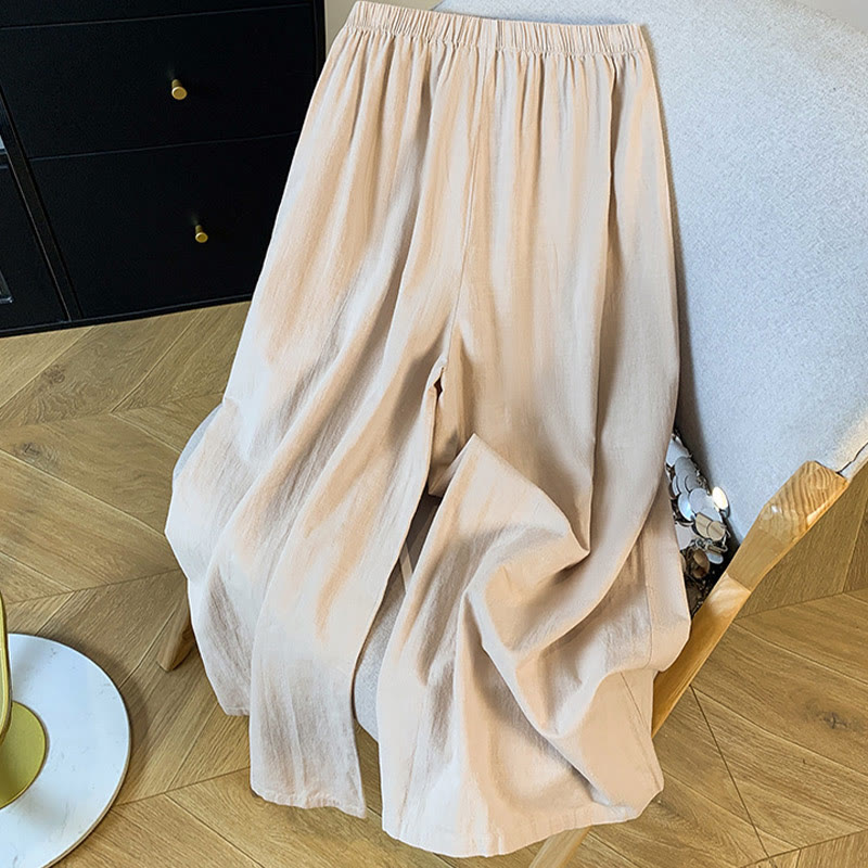 Damskie spodnie lniane z szerokimi nogawkami i kieszeniami, w beżowym kolorze z haftem i motywem Buddha Stones - image 1