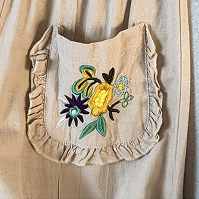 Damskie spodnie lniane z szerokimi nogawkami i kieszeniami, w beżowym kolorze z haftem i motywem Buddha Stones - image 8