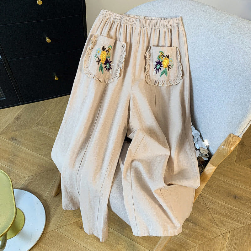 Damskie spodnie lniane z szerokimi nogawkami i kieszeniami, w beżowym kolorze z haftem i motywem Buddha Stones - Beżowy - US8-10，UK/AU12-14，EU40-42 (2XL) - image 0