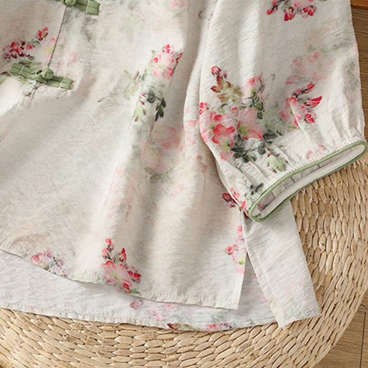 Koszula damska z bawełny z nadrukiem w Buddha Stones , kwiatowym wzorem w żaby chińskie, zapinana na guziki, z rękawem trzy czwarte - image 5