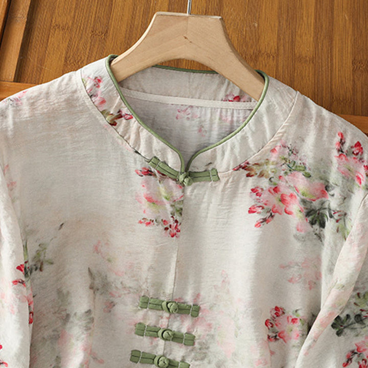 Koszula damska z bawełny z nadrukiem w Buddha Stones , kwiatowym wzorem w żaby chińskie, zapinana na guziki, z rękawem trzy czwarte - image 2