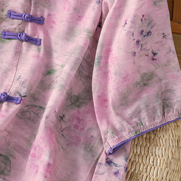 Koszula damska z bawełny z nadrukiem w Buddha Stones , kwiatowym wzorem w żaby chińskie, zapinana na guziki, z rękawem trzy czwarte - image 19