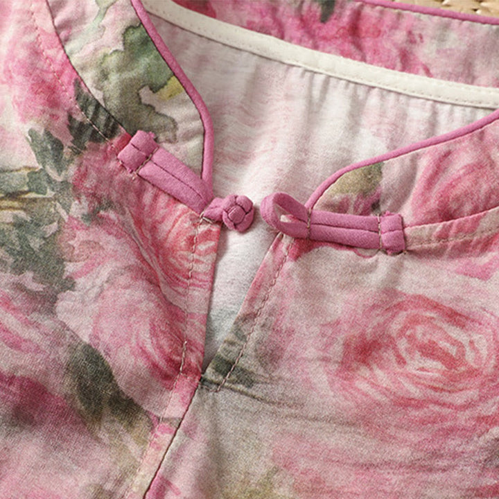 Koszula damska z bawełny z nadrukiem w Buddha Stones , kwiatowym wzorem w żaby chińskie, zapinana na guziki, z rękawem trzy czwarte - image 10