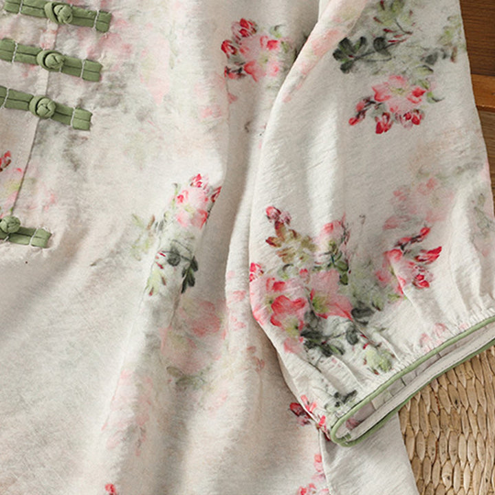 Koszula damska z bawełny z nadrukiem w Buddha Stones , kwiatowym wzorem w żaby chińskie, zapinana na guziki, z rękawem trzy czwarte - image 4