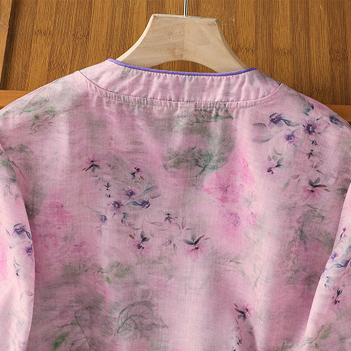 Koszula damska z bawełny z nadrukiem w Buddha Stones , kwiatowym wzorem w żaby chińskie, zapinana na guziki, z rękawem trzy czwarte - image 18