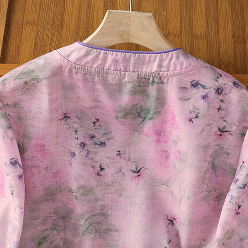 Koszula damska z bawełny z nadrukiem w Buddha Stones , kwiatowym wzorem w żaby chińskie, zapinana na guziki, z rękawem trzy czwarte - image 18