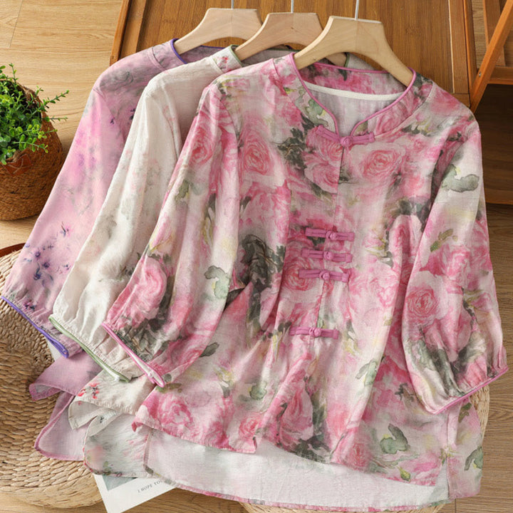 Koszula damska z bawełny z nadrukiem w Buddha Stones , kwiatowym wzorem w żaby chińskie, zapinana na guziki, z rękawem trzy czwarte - image 21