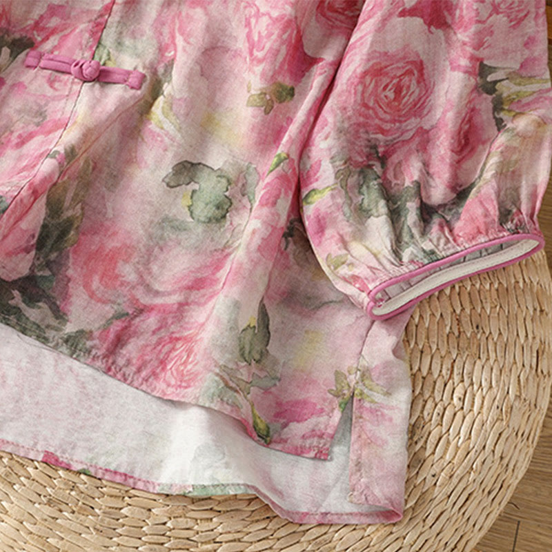 Koszula damska z bawełny z nadrukiem w Buddha Stones , kwiatowym wzorem w żaby chińskie, zapinana na guziki, z rękawem trzy czwarte - image 13