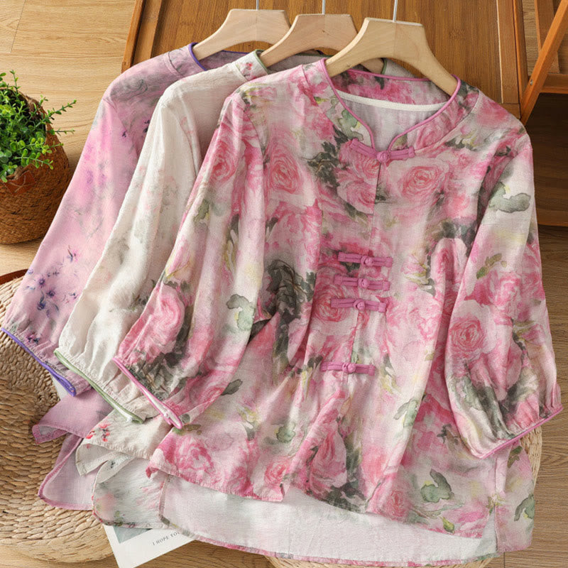 Koszula damska z bawełny z nadrukiem w Buddha Stones , kwiatowym wzorem w żaby chińskie, zapinana na guziki, z rękawem trzy czwarte - image 21