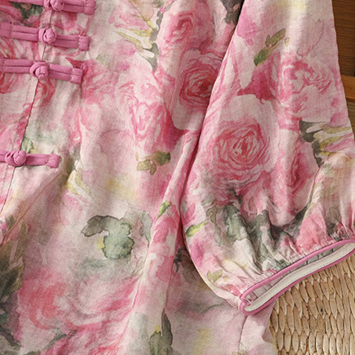 Koszula damska z bawełny z nadrukiem w Buddha Stones , kwiatowym wzorem w żaby chińskie, zapinana na guziki, z rękawem trzy czwarte - image 11