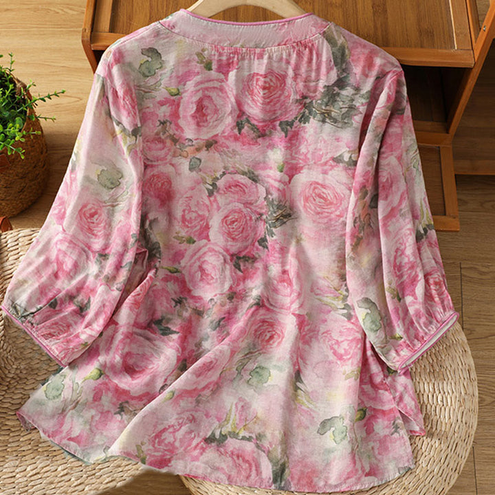 Koszula damska z bawełny z nadrukiem w Buddha Stones , kwiatowym wzorem w żaby chińskie, zapinana na guziki, z rękawem trzy czwarte - image 7