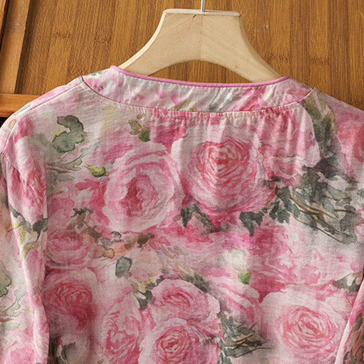 Koszula damska z bawełny z nadrukiem w Buddha Stones , kwiatowym wzorem w żaby chińskie, zapinana na guziki, z rękawem trzy czwarte - image 9