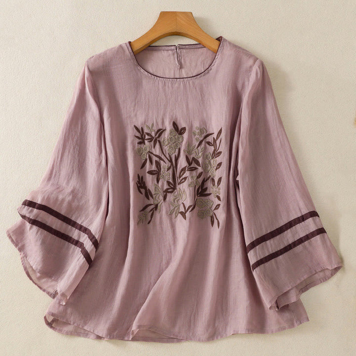 Buddha Stones koszulka z nadrukiem w kwiaty i haftem w stylu retro z rękawami trzy czwarte - RosyBrown - US14, UK/AU18, EU46 (2XL) - image 24