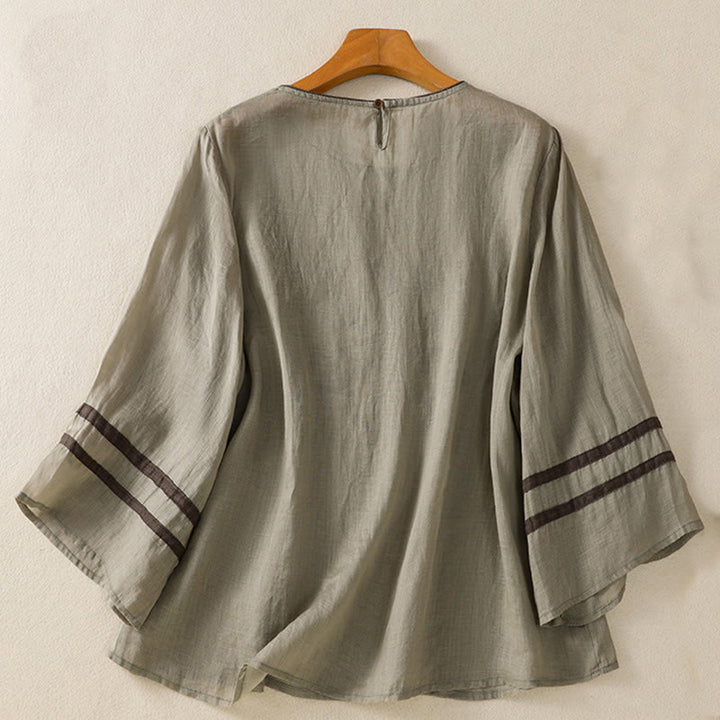 Buddha Stones koszulka z nadrukiem w kwiaty i haftem w stylu retro z rękawami trzy czwarte - image 10