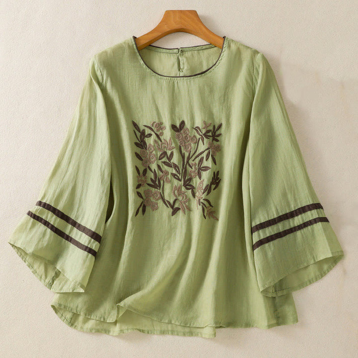 Buddha Stones koszulka z nadrukiem w kwiaty i haftem w stylu retro z rękawami trzy czwarte - Jasnozielony - US14, UK/AU18, EU46 (2XL) - image 16