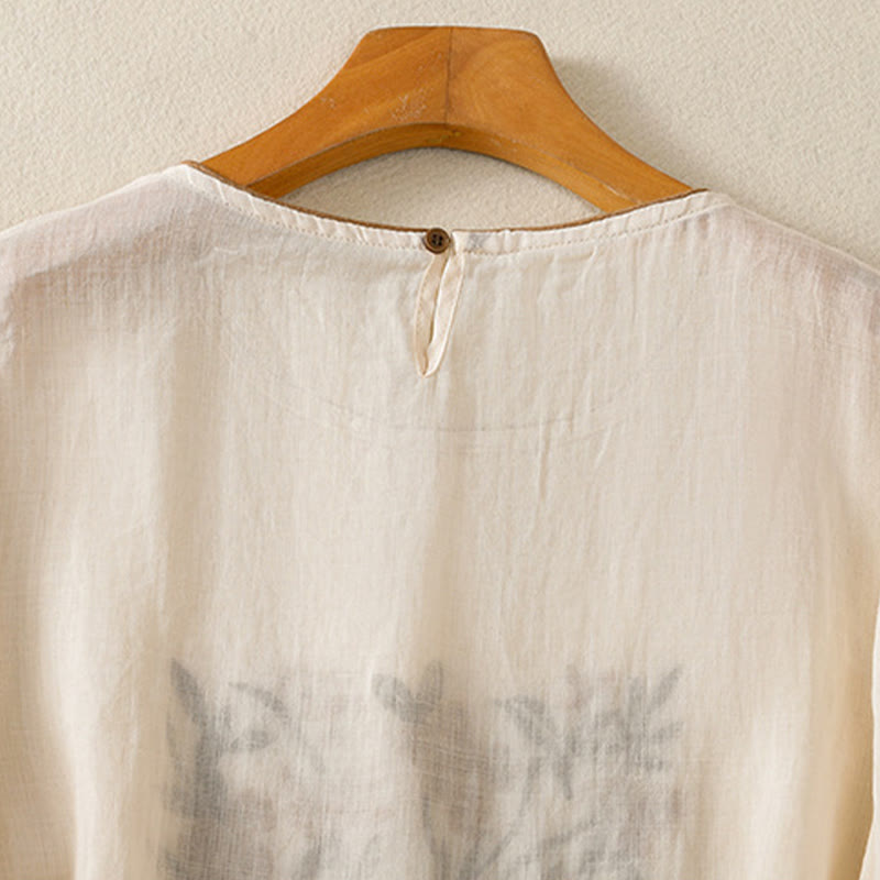 Buddha Stones koszulka z nadrukiem w kwiaty i haftem w stylu retro z rękawami trzy czwarte - image 5