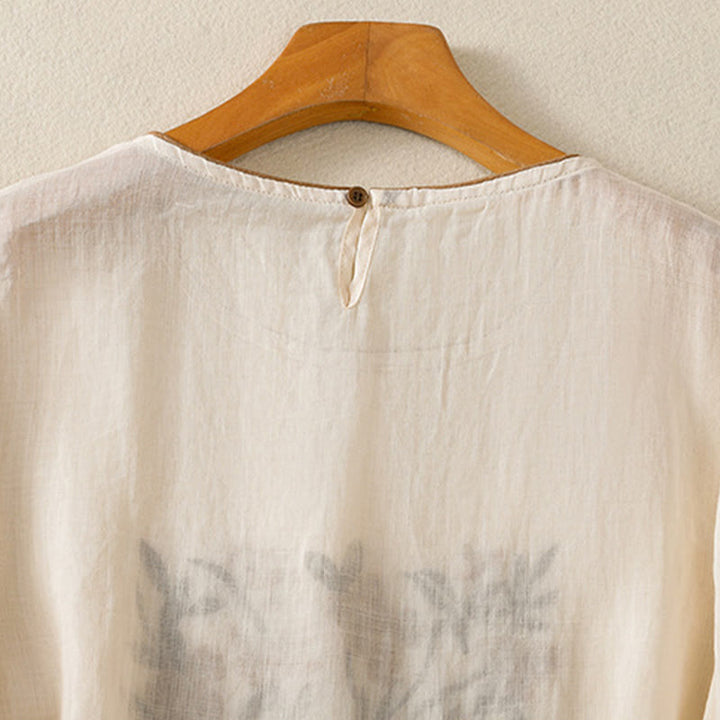 Buddha Stones koszulka z nadrukiem w kwiaty i haftem w stylu retro z rękawami trzy czwarte - image 5