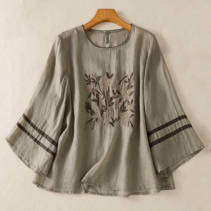 Buddha Stones koszulka z nadrukiem w kwiaty i haftem w stylu retro z rękawami trzy czwarte - DarkSeaGreen - US14, UK/AU18, EU46 (2XL) - image 9