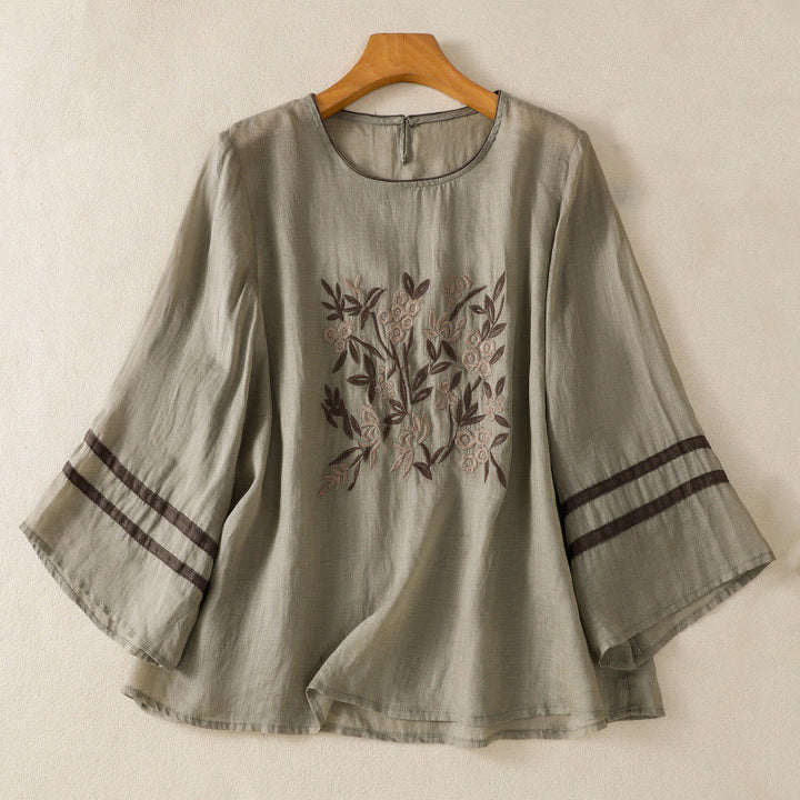 Buddha Stones koszulka z nadrukiem w kwiaty i haftem w stylu retro z rękawami trzy czwarte - DarkSeaGreen - US14, UK/AU18, EU46 (2XL) - image 9