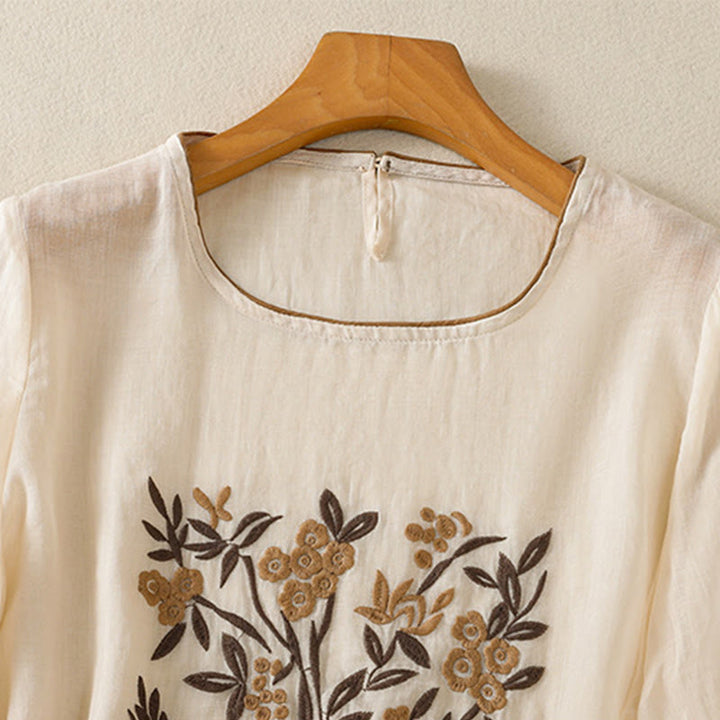 Buddha Stones koszulka z nadrukiem w kwiaty i haftem w stylu retro z rękawami trzy czwarte - image 2