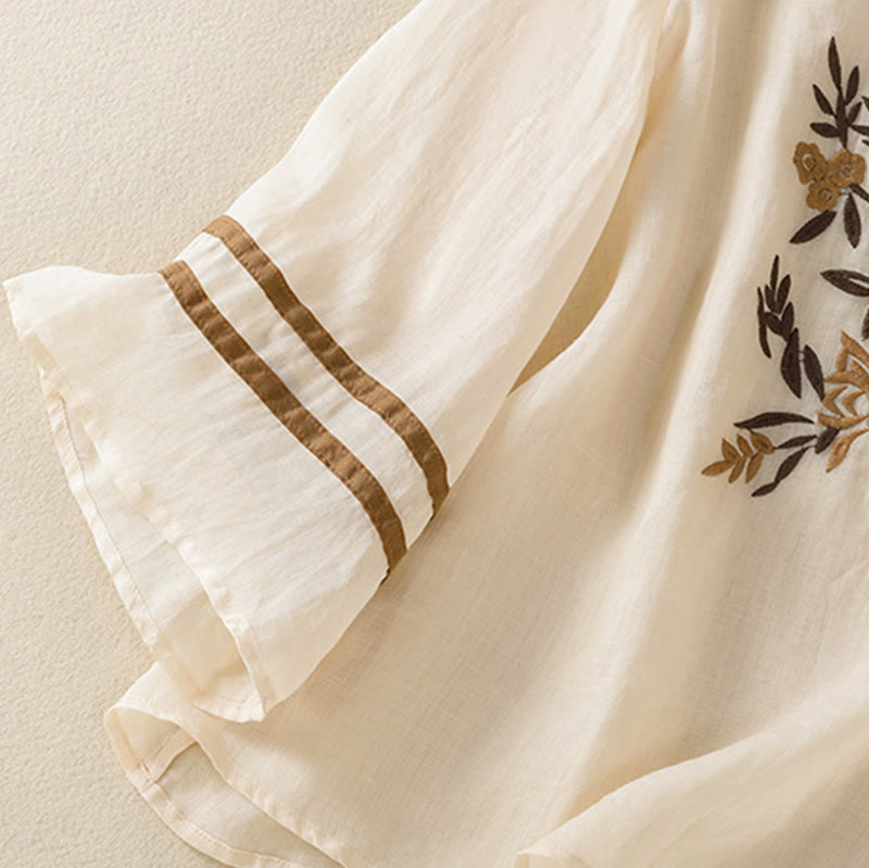 Buddha Stones koszulka z nadrukiem w kwiaty i haftem w stylu retro z rękawami trzy czwarte - image 6