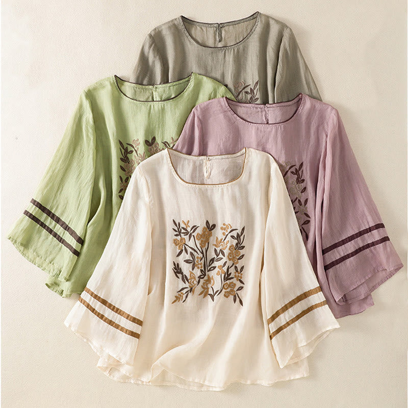 Buddha Stones koszulka z nadrukiem w kwiaty i haftem w stylu retro z rękawami trzy czwarte - image 31