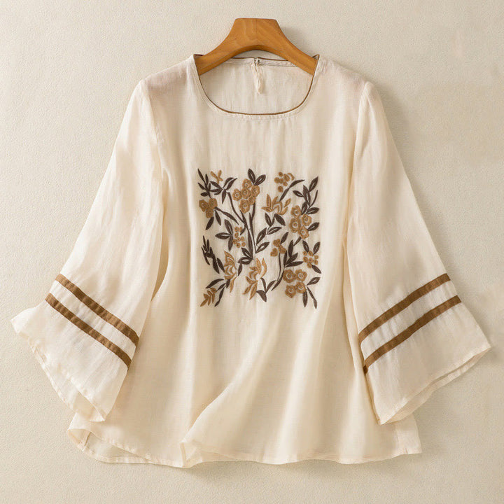 Buddha Stones koszulka z nadrukiem w kwiaty i haftem w stylu retro z rękawami trzy czwarte - Beżowy - US14, UK/AU18, EU46 (2XL) - image 0