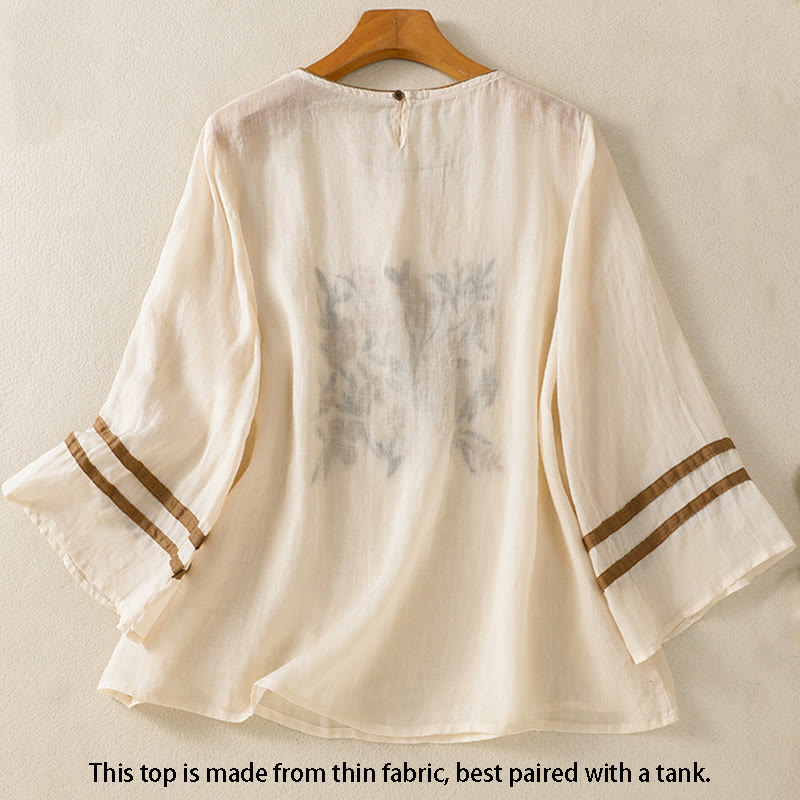 Buddha Stones koszulka z nadrukiem w kwiaty i haftem w stylu retro z rękawami trzy czwarte - image 1