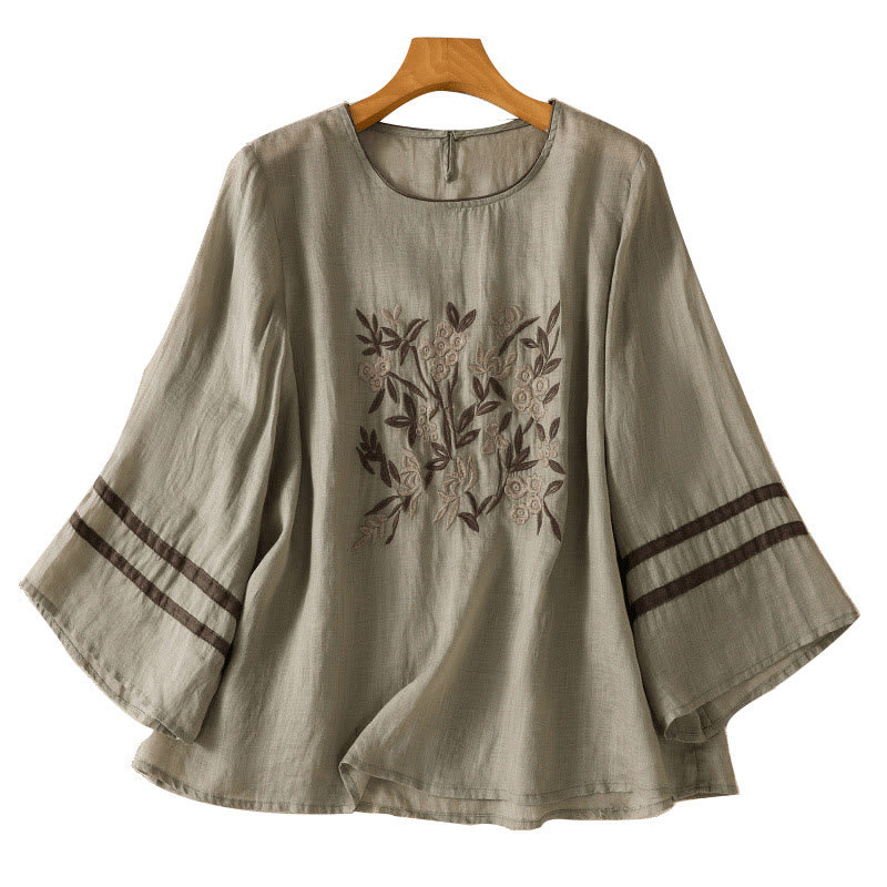 Buddha Stones koszulka z nadrukiem w kwiaty i haftem w stylu retro z rękawami trzy czwarte - image 15