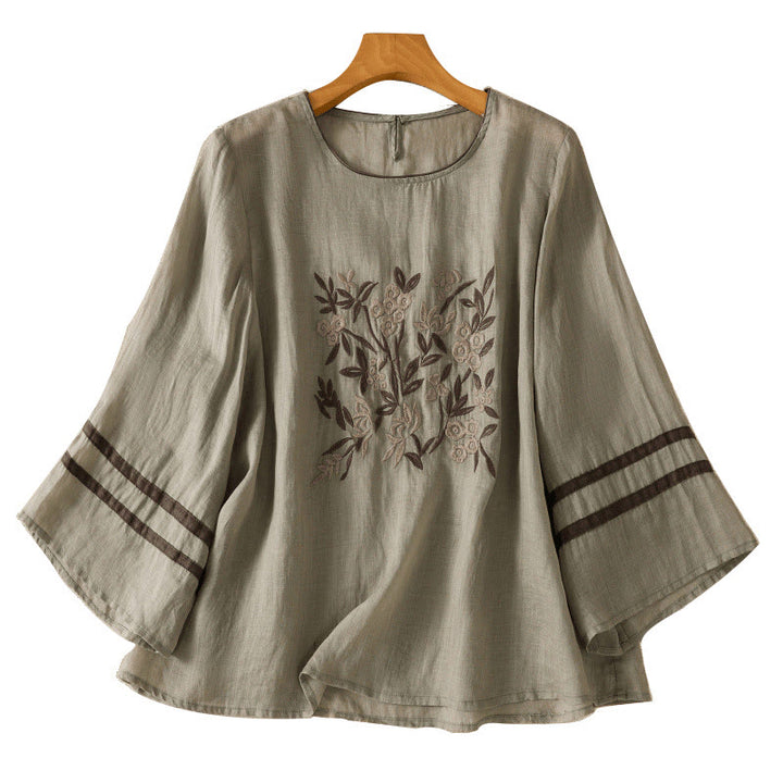 Buddha Stones koszulka z nadrukiem w kwiaty i haftem w stylu retro z rękawami trzy czwarte - image 15