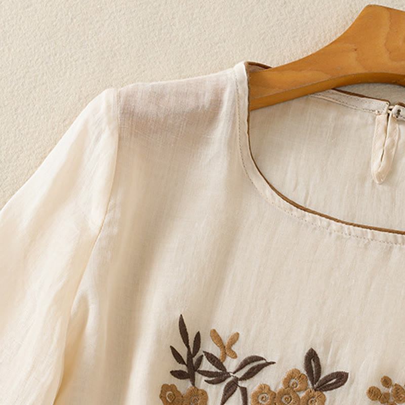 Buddha Stones koszulka z nadrukiem w kwiaty i haftem w stylu retro z rękawami trzy czwarte - image 3