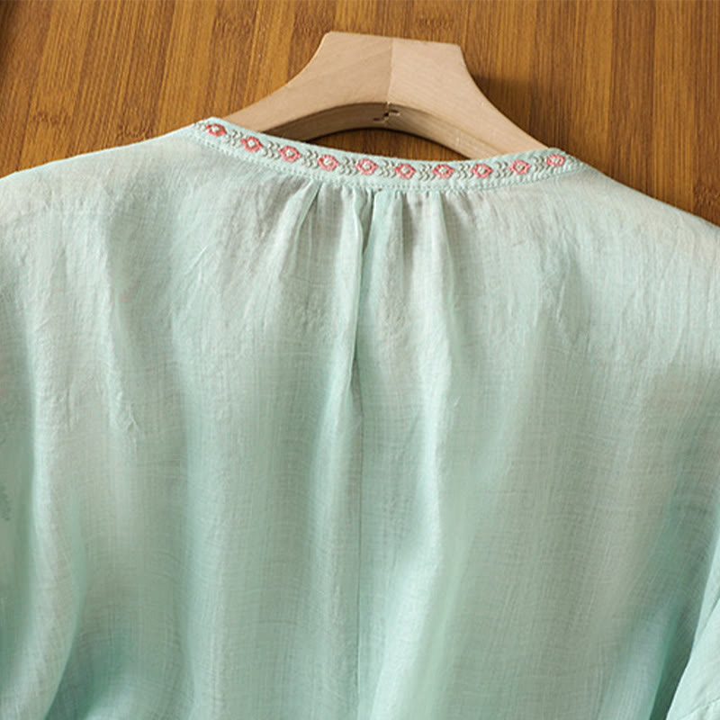 Koszula damska bawełniana z haftowanymi guzikami z motywem Buddha Stones , z rękawem trzy czwarte i karbowanym dekoltem - image 28