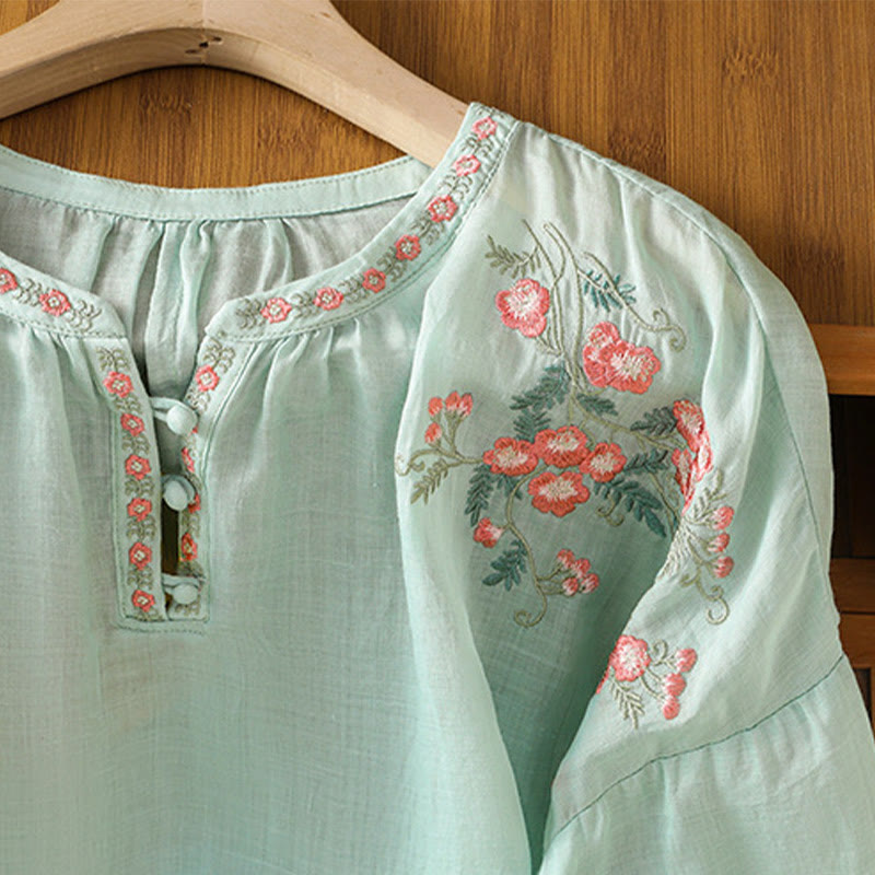 Koszula damska bawełniana z haftowanymi guzikami z motywem Buddha Stones , z rękawem trzy czwarte i karbowanym dekoltem - image 27