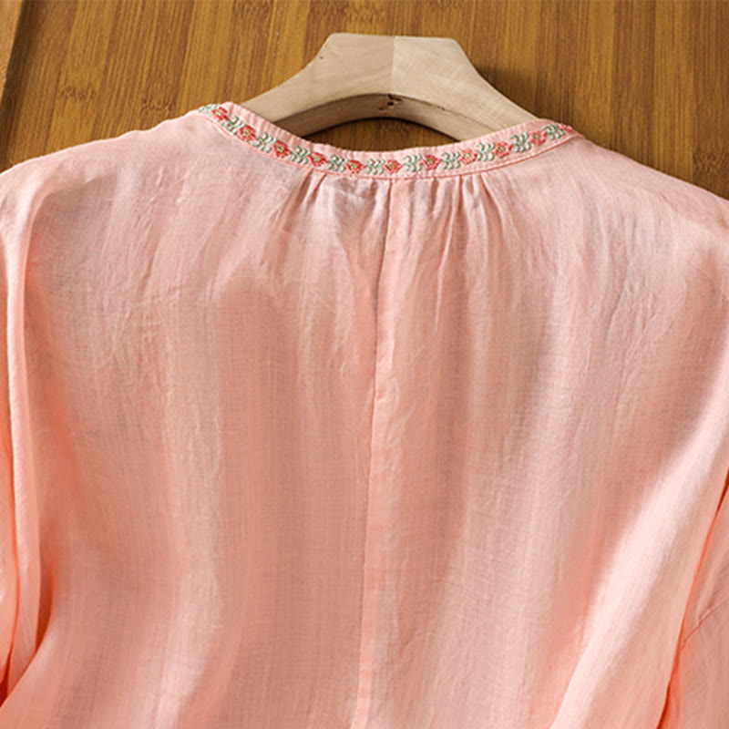 Koszula damska bawełniana z haftowanymi guzikami z motywem Buddha Stones , z rękawem trzy czwarte i karbowanym dekoltem - image 12