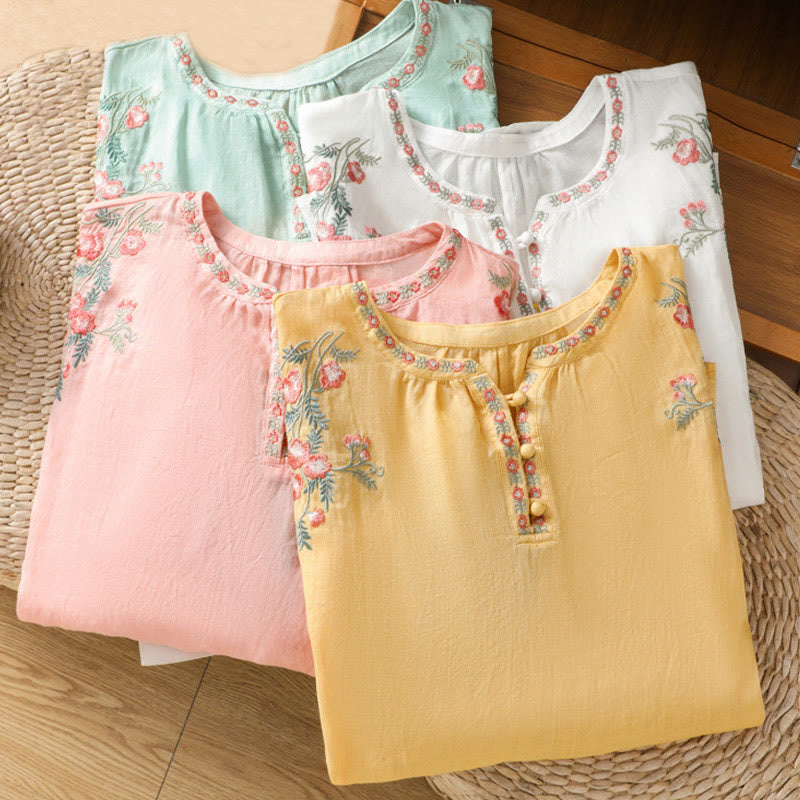 Koszula damska bawełniana z haftowanymi guzikami z motywem Buddha Stones , z rękawem trzy czwarte i karbowanym dekoltem - image 31