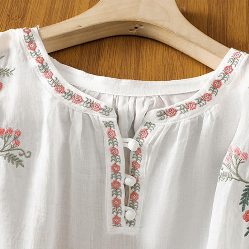 Koszula damska bawełniana z haftowanymi guzikami z motywem Buddha Stones , z rękawem trzy czwarte i karbowanym dekoltem - image 18