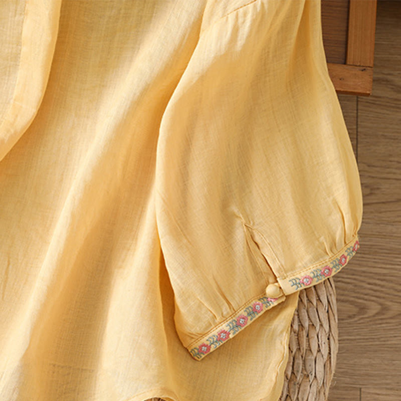 Koszula damska bawełniana z haftowanymi guzikami z motywem Buddha Stones , z rękawem trzy czwarte i karbowanym dekoltem - image 5