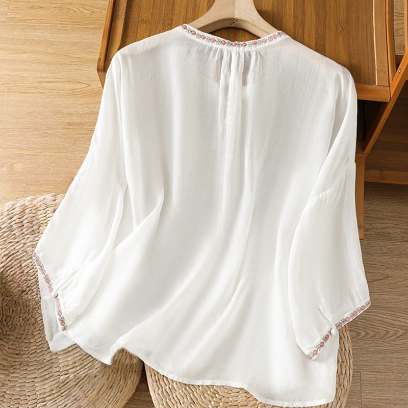 Koszula damska bawełniana z haftowanymi guzikami z motywem Buddha Stones , z rękawem trzy czwarte i karbowanym dekoltem - image 17