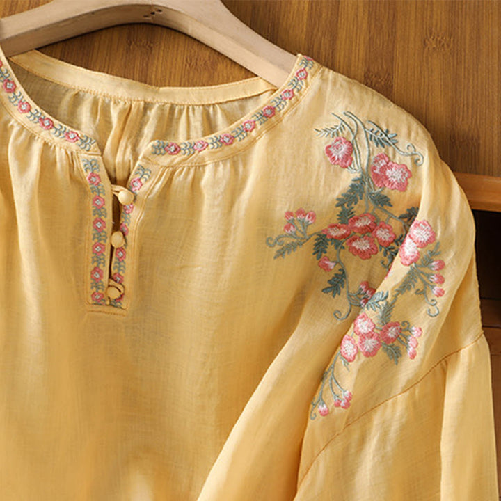 Koszula damska bawełniana z haftowanymi guzikami z motywem Buddha Stones , z rękawem trzy czwarte i karbowanym dekoltem - image 5