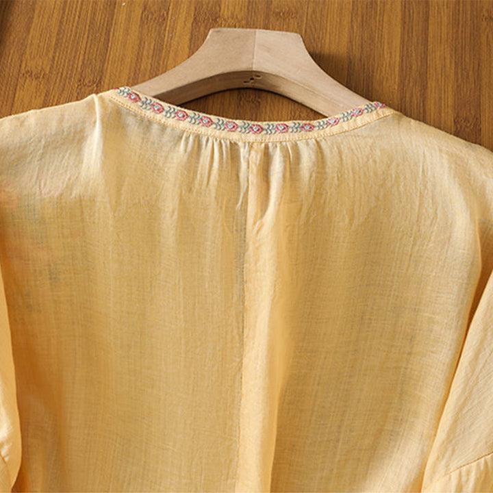 Koszula damska bawełniana z haftowanymi guzikami z motywem Buddha Stones , z rękawem trzy czwarte i karbowanym dekoltem - image 3