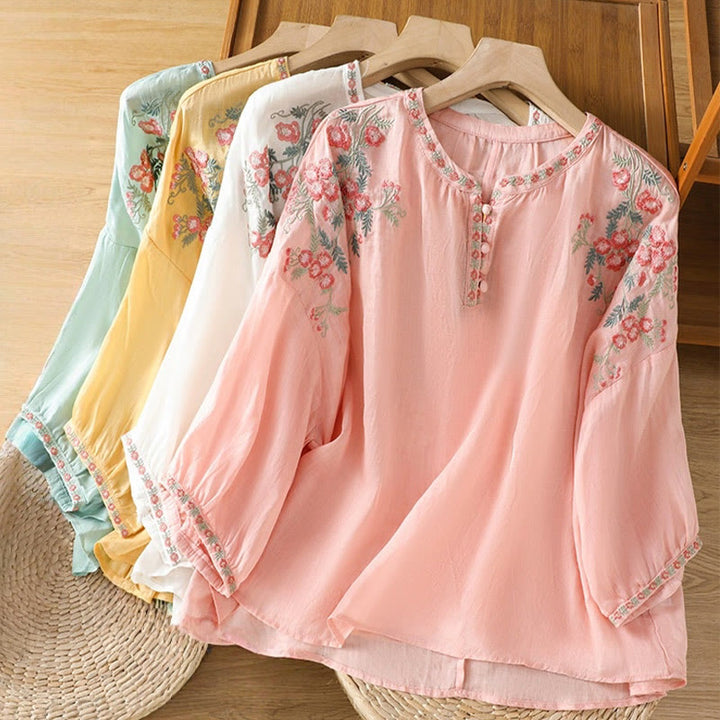 Koszula damska bawełniana z haftowanymi guzikami z motywem Buddha Stones , z rękawem trzy czwarte i karbowanym dekoltem - image 30