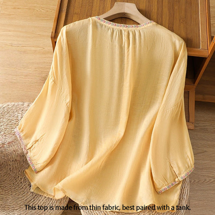 Koszula damska bawełniana z haftowanymi guzikami z motywem Buddha Stones , z rękawem trzy czwarte i karbowanym dekoltem - image 1