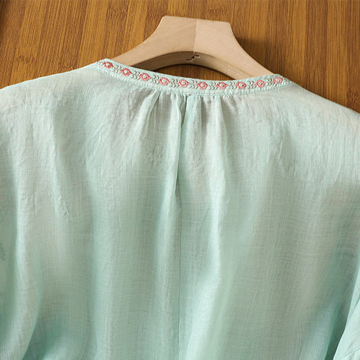 Koszula damska bawełniana z haftowanymi guzikami z motywem Buddha Stones , z rękawem trzy czwarte i karbowanym dekoltem - image 29