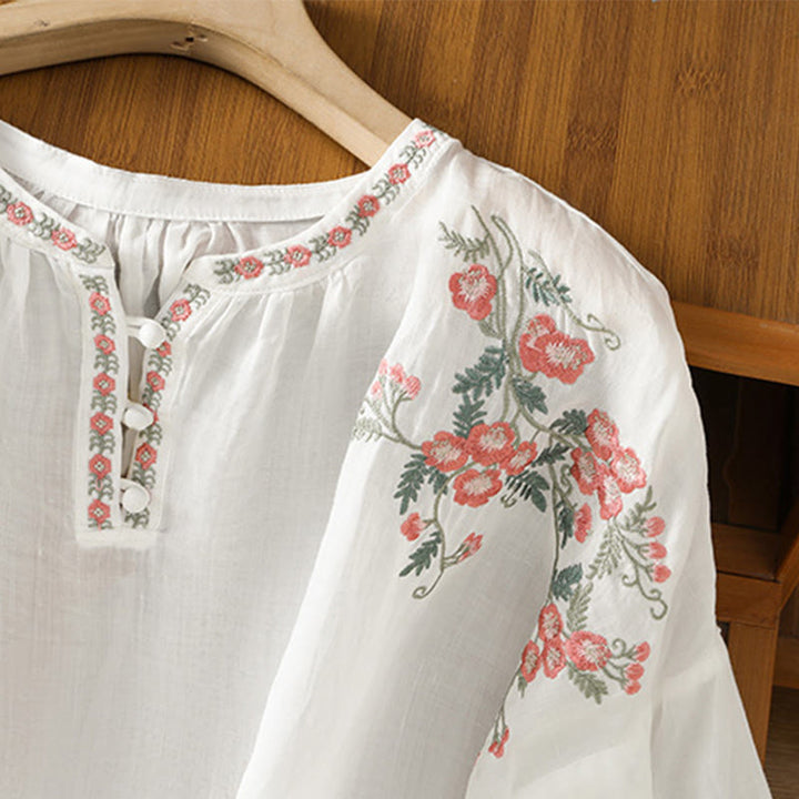 Koszula damska bawełniana z haftowanymi guzikami z motywem Buddha Stones , z rękawem trzy czwarte i karbowanym dekoltem - image 19