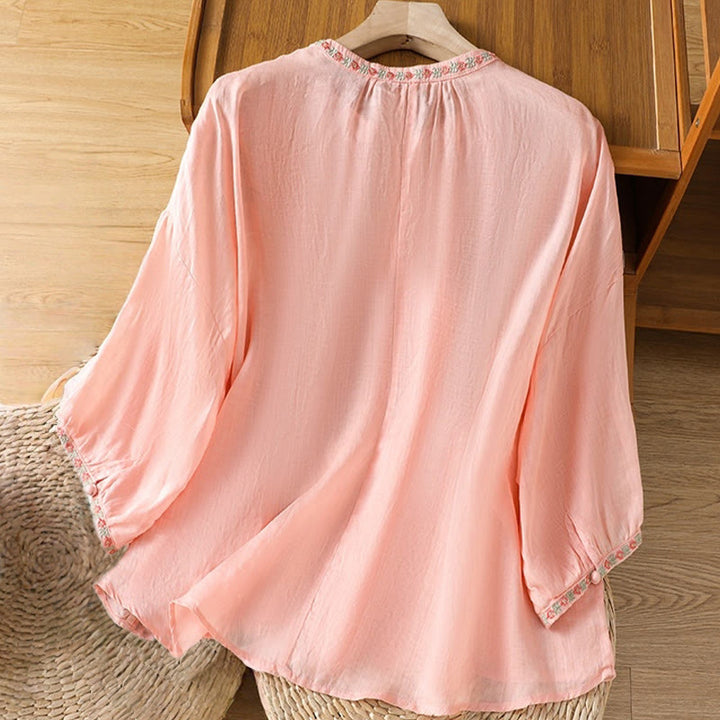 Koszula damska bawełniana z haftowanymi guzikami z motywem Buddha Stones , z rękawem trzy czwarte i karbowanym dekoltem - image 8