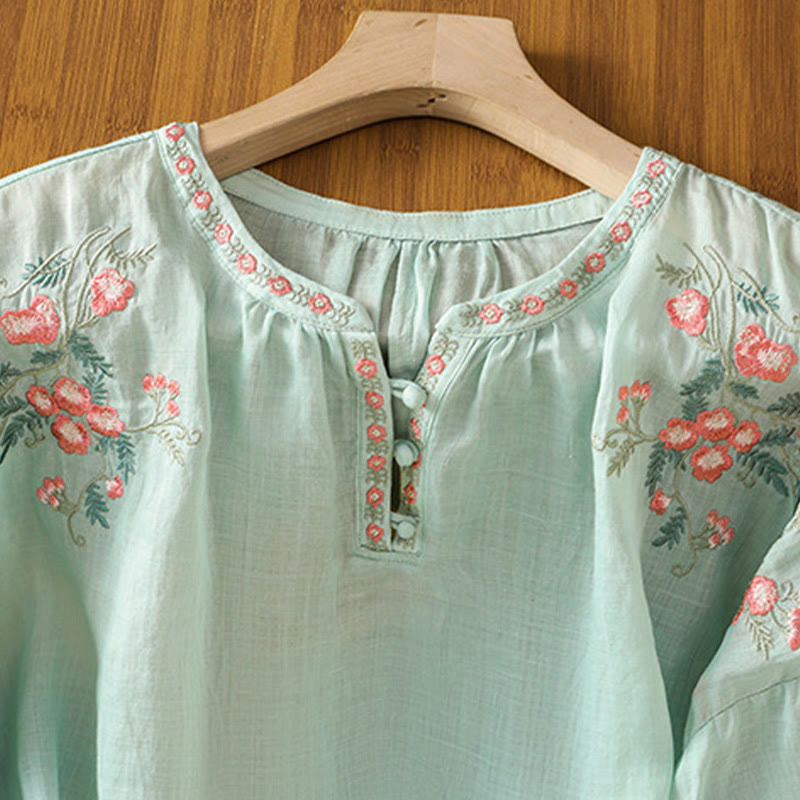 Koszula damska bawełniana z haftowanymi guzikami z motywem Buddha Stones , z rękawem trzy czwarte i karbowanym dekoltem - image 26