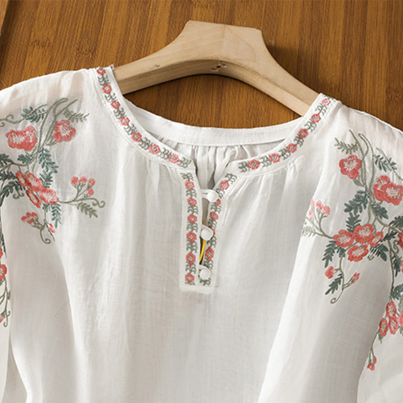 Koszula damska bawełniana z haftowanymi guzikami z motywem Buddha Stones , z rękawem trzy czwarte i karbowanym dekoltem - image 18