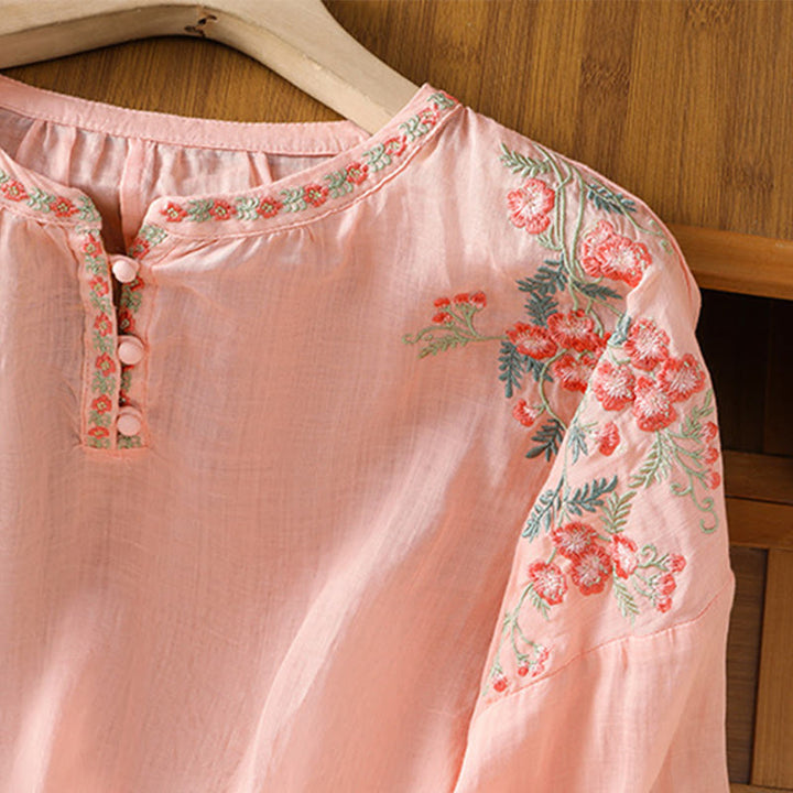 Koszula damska bawełniana z haftowanymi guzikami z motywem Buddha Stones , z rękawem trzy czwarte i karbowanym dekoltem - image 10